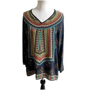Tolani 100% Silk Floral Ethnic Print Tunic Navy Multi Size Medium 3/4 Sleeve